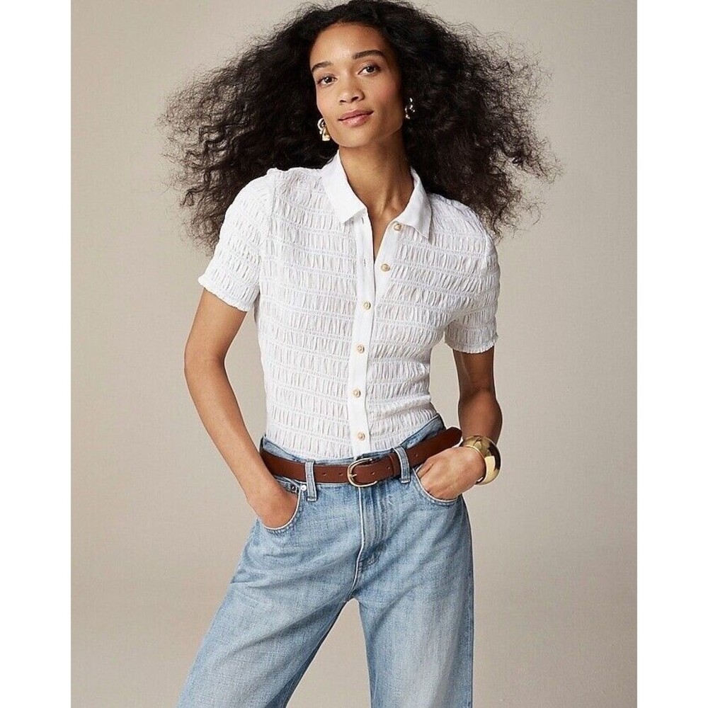 J.Crew Smocked button-up Short SleevesShirt in cotton-blend voile NWT Sz L Large